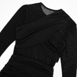 Women Winter See-Through Mesh Patchwork Long-Sleeved Bodycon Dress