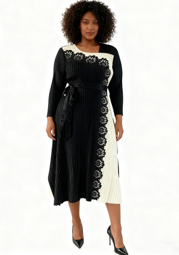 Plus Size Women Pleated Patchwork Color Block Lace Round Neck Maxi Dress