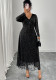 Women Autumn/Winter Formal Party Long-Sleeved Mesh Patchwork V-Neck Tie Maxi Dress