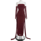 Women Elegant Solid Off-Shoulder Long-Sleeved Ribbon Mesh Patchwork Dress