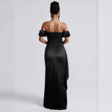 Women sexy pleated slit off-shoulder formal party maxi dress