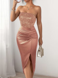 Women's Autumn Winter Chic Strapless Sequin Solid Slit Evening Gown