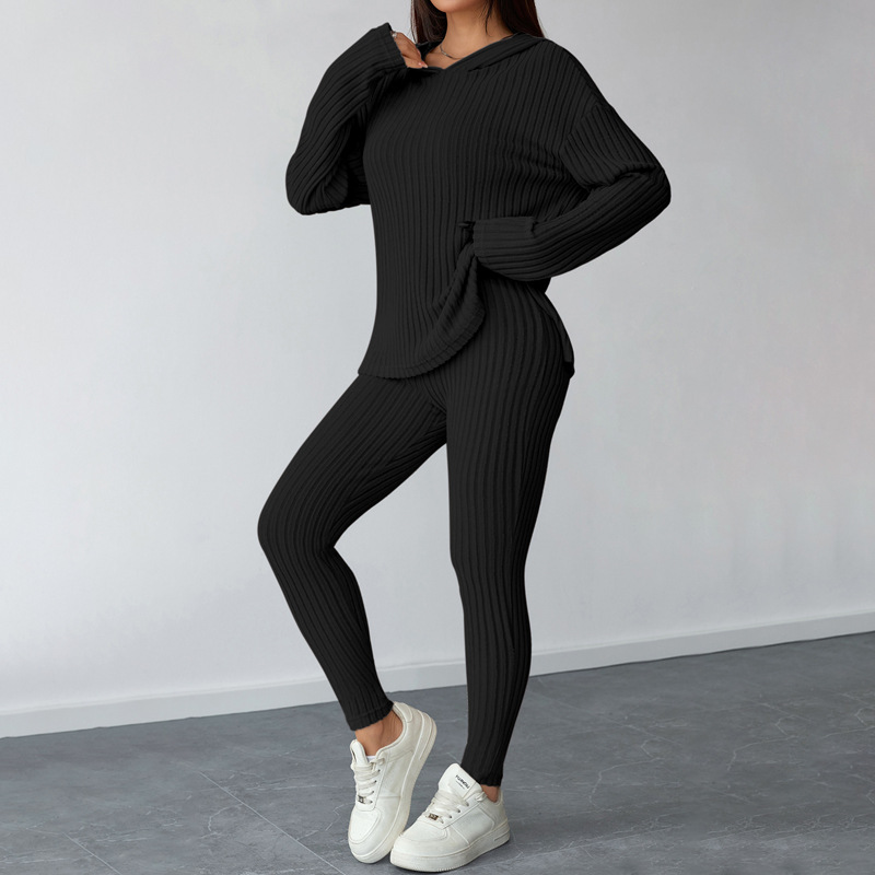 Women Yoga Autumn/Winter Long-Sleeved Hooded Top and Pant Two-Piece Set
