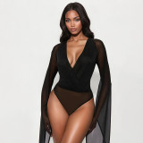 Women Winter Elegant Long-Sleeved V-Neck Mesh Mini Bodycon Dress