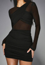 Women Winter See-Through Mesh Patchwork Long-Sleeved Bodycon Dress