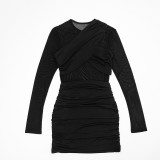 Women Winter See-Through Mesh Patchwork Long-Sleeved Bodycon Dress
