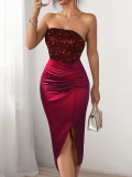 Women's Autumn Winter Chic Strapless Sequin Solid Slit Evening Gown
