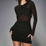 Women Winter See-Through Mesh Patchwork Long-Sleeved Bodycon Dress