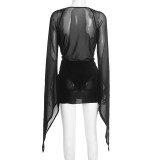 Women Winter Elegant Long-Sleeved V-Neck Mesh Mini Bodycon Dress