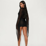 Women Winter Elegant Long-Sleeved V-Neck Mesh Mini Bodycon Dress