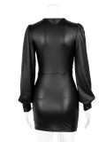 Women sexy Pu Leather V-neck dress