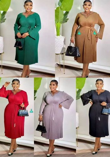 Plus Size Women African Pleated Beaded Elegant Solid Maxi Dress