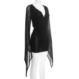 Women Winter Elegant Long-Sleeved V-Neck Mesh Mini Bodycon Dress