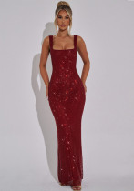 Women Sexy Straps Sequin Mesh Bodycon Evening Dress