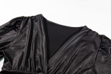 Women sexy Pu Leather V-neck dress