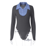 Women Winter Long-Sleeved Turndown Collar Button Patchwork Bodysuit