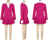 Women Blazer and Patchwork Pleated Skirt Two-Piece Set