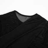 Women Winter See-Through Mesh Patchwork Long-Sleeved Bodycon Dress