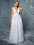 Women White V-Neck Formal Party Evening Dress