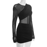 Women Winter See-Through Mesh Patchwork Long-Sleeved Bodycon Dress