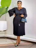 Plus Size Women African Pleated Beaded Elegant Solid Maxi Dress