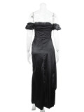 Women sexy pleated slit off-shoulder formal party maxi dress