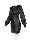 Women sexy Pu Leather V-neck dress