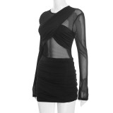 Women Winter See-Through Mesh Patchwork Long-Sleeved Bodycon Dress