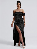 Women sexy pleated slit off-shoulder formal party maxi dress