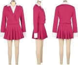 Women Blazer and Patchwork Pleated Skirt Two-Piece Set