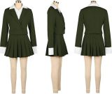 Women Blazer and Patchwork Pleated Skirt Two-Piece Set