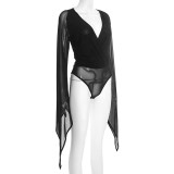 Women Winter Elegant Long-Sleeved V-Neck Mesh Mini Bodycon Dress