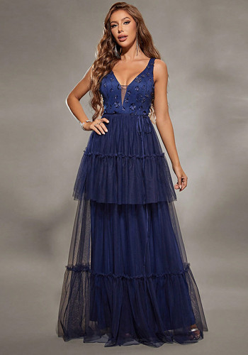 Women Spring Mesh Cascading Ruffles V-Neck Dress