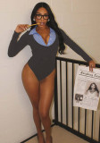Women Winter Long-Sleeved Turndown Collar Button Patchwork Bodysuit