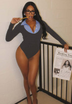 Women Winter Long-Sleeved Turndown Collar Button Patchwork Bodysuit