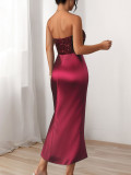 Women's Autumn Winter Chic Strapless Sequin Solid Slit Evening Gown