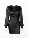Women sexy Pu Leather V-neck dress