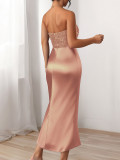 Women's Autumn Winter Chic Strapless Sequin Solid Slit Evening Gown