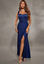 Women Sexy One-Shoulder Slit Sequin Bodycon Maxi Dress