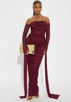 Women Elegant Solid Off-Shoulder Long-Sleeved Ribbon Mesh Patchwork Dress