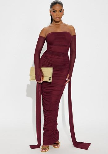 Women Elegant Solid Off-Shoulder Long-Sleeved Ribbon Mesh Patchwork Dress