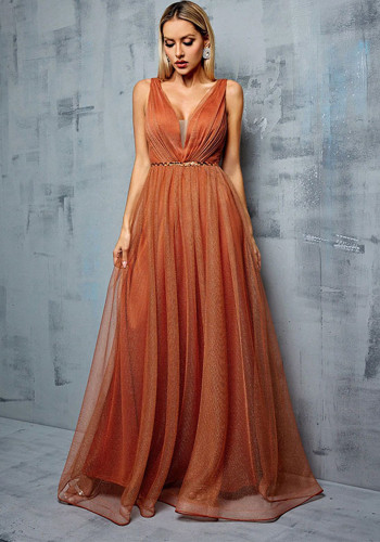 Women Straps V-Neck Chiffon Lace-Up Pleated Evening Dress