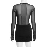 Women Winter See-Through Mesh Patchwork Long-Sleeved Bodycon Dress