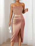 Women's Autumn Winter Chic Strapless Sequin Solid Slit Evening Gown