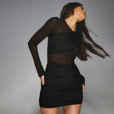 Women Winter See-Through Mesh Patchwork Long-Sleeved Bodycon Dress