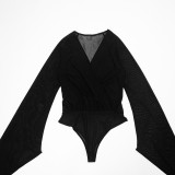 Women Winter Elegant Long-Sleeved V-Neck Mesh Mini Bodycon Dress