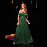 Women Strapless Green Off-Shoulder Dress