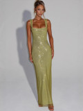 Women Sexy Straps Sequin Mesh Bodycon Evening Dress