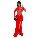 Women Solidmesh Beaded Slit Maxi Dress