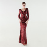 Women Long Sleeve Sequined Formal Party Evening Dress